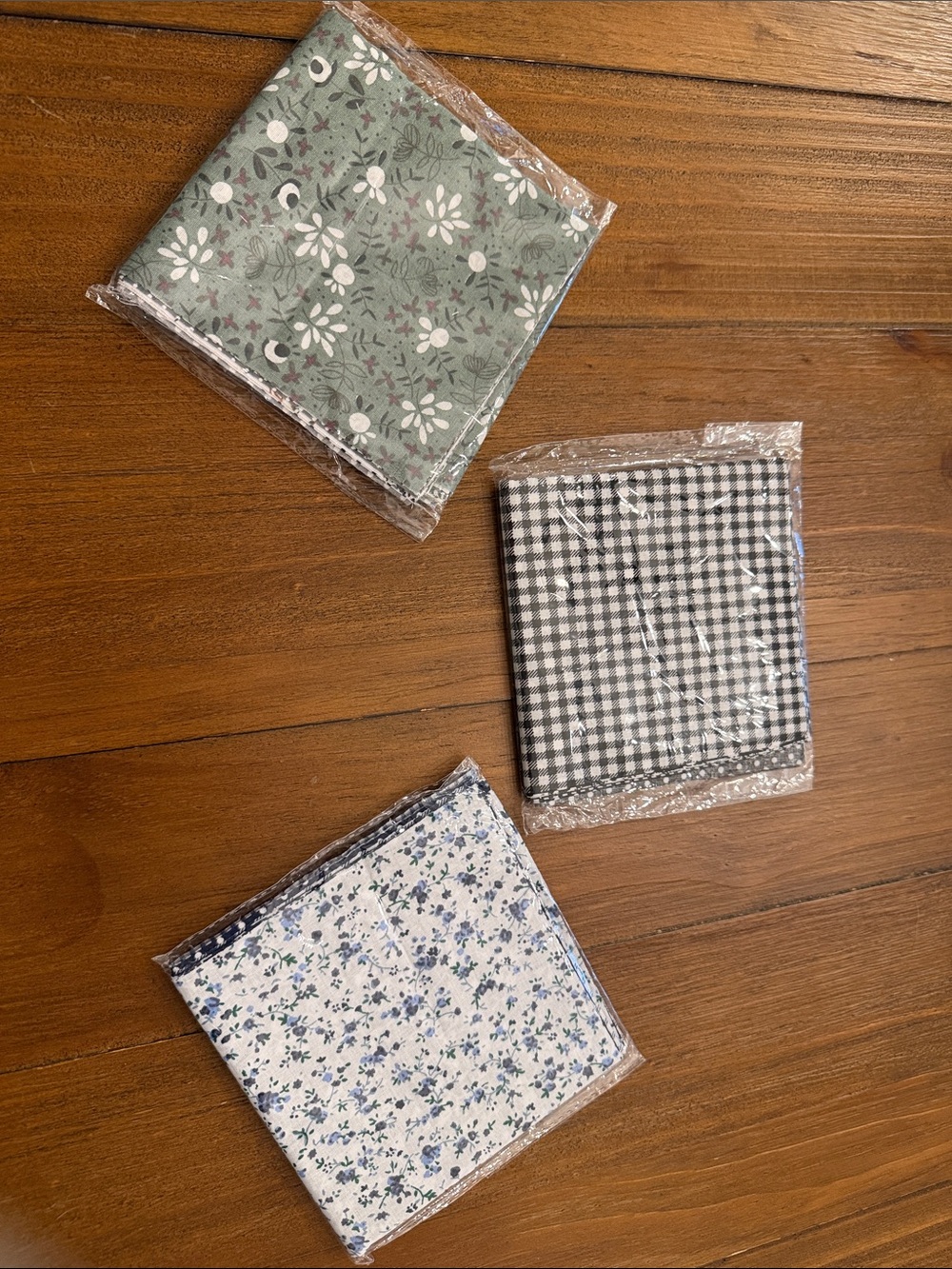 Set of 3 Cotton Quilting Squares - Floral & Gingham Mix (Green, Black, White)